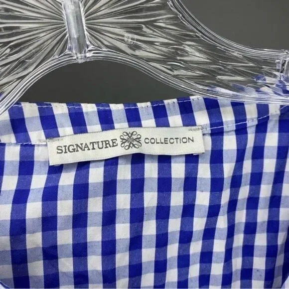 Avon Signature Collection Blue White Gingham Plaid Floral Embroidered V Neck S - Picture 10 of 11